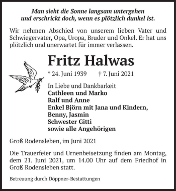 Traueranzeige von Fritz Halwas  von Magdeburger Volksstimme