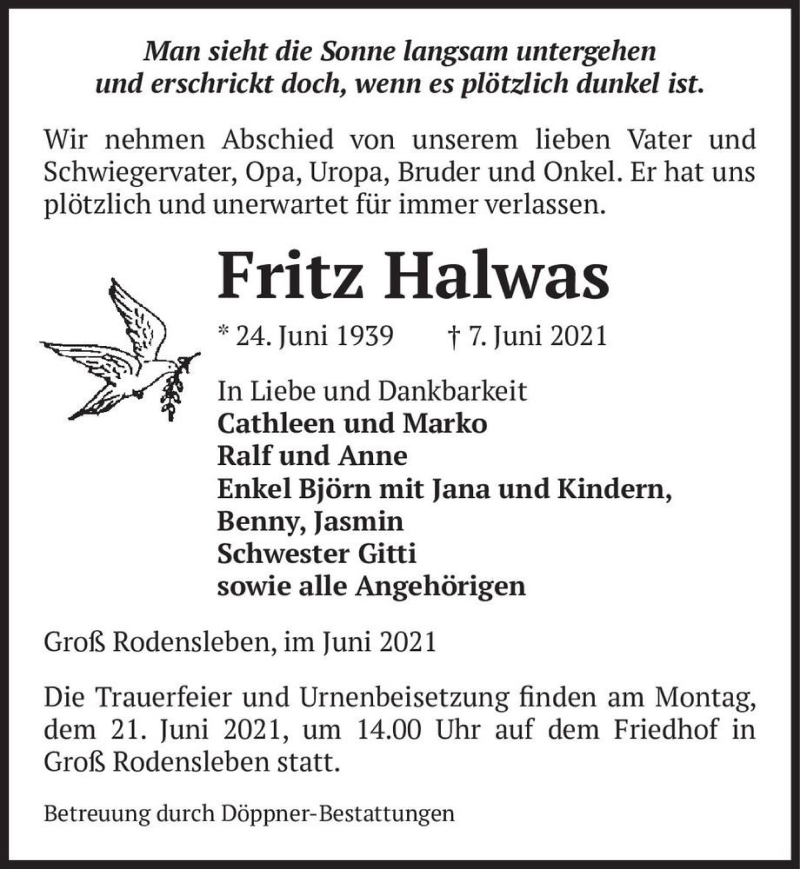  Traueranzeige für Fritz Halwas  vom 12.06.2021 aus Magdeburger Volksstimme