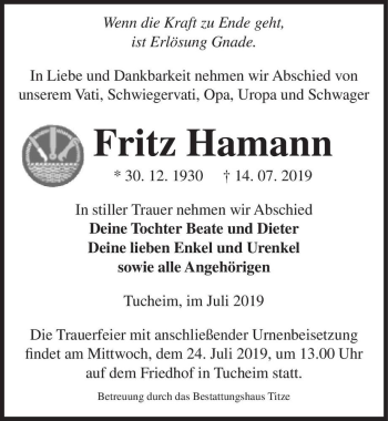 Traueranzeige von Fritz Hamann  von Magdeburger Volksstimme