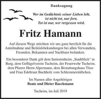Traueranzeige von Fritz Hamann  von Magdeburger Volksstimme