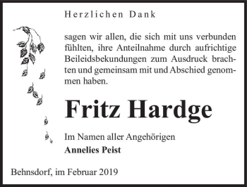 Traueranzeige von Fritz Hardge  von Magdeburger Volksstimme