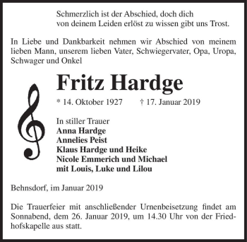 Traueranzeige von Fritz Hardge  von Magdeburger Volksstimme
