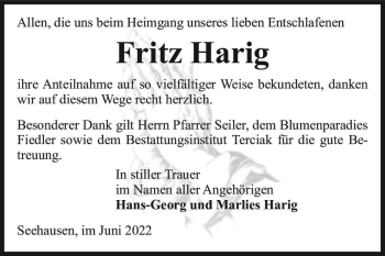 Traueranzeige von Fritz Harig  von Magdeburger Volksstimme