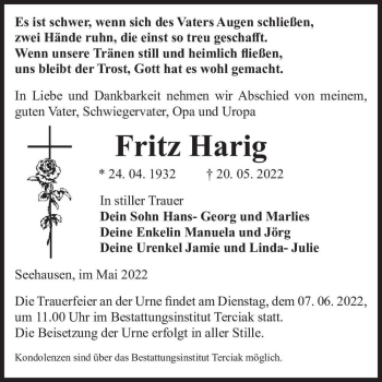 Traueranzeige von Fritz Harig  von Magdeburger Volksstimme