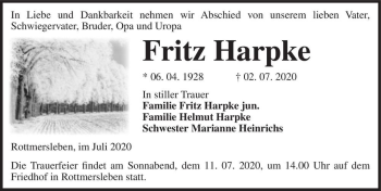 Traueranzeige von Fritz Harpke  von Magdeburger Volksstimme