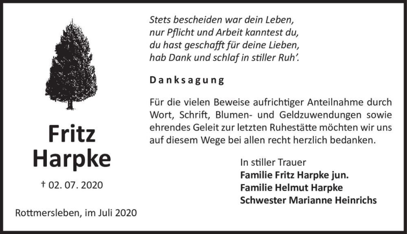  Traueranzeige für Fritz Harpke  vom 25.07.2020 aus Magdeburger Volksstimme