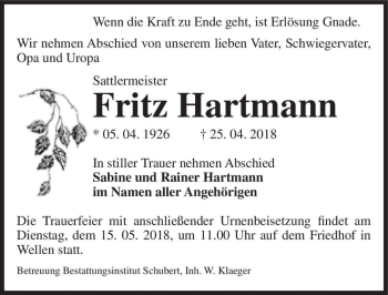 Traueranzeige von Fritz Hartmann  von Magdeburger Volksstimme