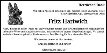 Traueranzeige von Fritz Hartwich  von Magdeburger Volksstimme