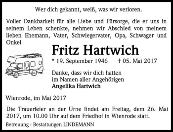 Traueranzeige von Fritz Hartwich  von Magdeburger Volksstimme