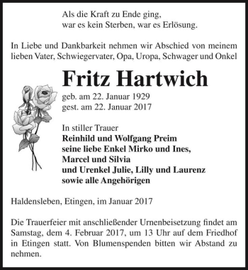 Traueranzeige von Fritz Hartwich  von Magdeburger Volksstimme