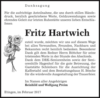 Traueranzeige von Fritz Hartwich  von Magdeburger Volksstimme