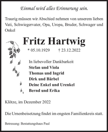 Traueranzeige von Fritz Hartwig  von Magdeburger Volksstimme