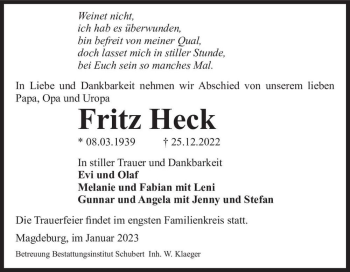 Traueranzeige von Fritz Heck  von Magdeburger Volksstimme