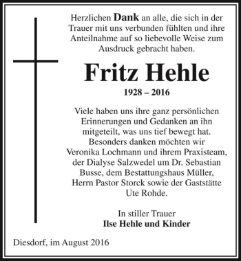 Traueranzeige von Fritz Hehle  von Magdeburger Volksstimme
