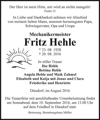Traueranzeige von Fritz Hehle  von Magdeburger Volksstimme
