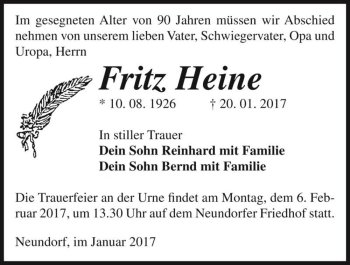 Traueranzeige von Fritz Heine  von Magdeburger Volksstimme
