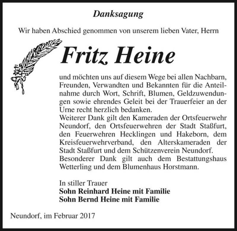  Traueranzeige für Fritz Heine  vom 11.02.2017 aus Magdeburger Volksstimme