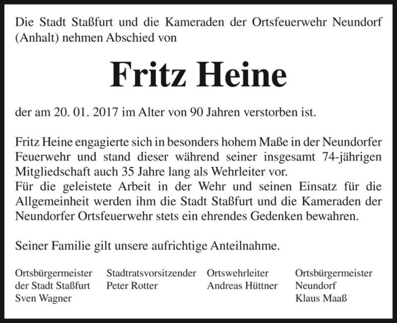  Traueranzeige für Fritz Heine  vom 04.02.2017 aus Magdeburger Volksstimme