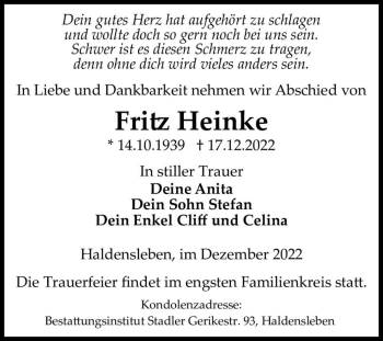 Traueranzeige von Fritz Heinke  von Magdeburger Volksstimme