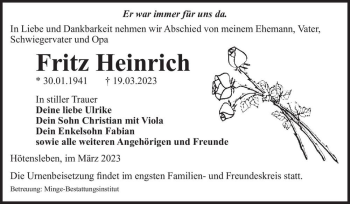 Traueranzeige von Fritz Heinrich  von Magdeburger Volksstimme
