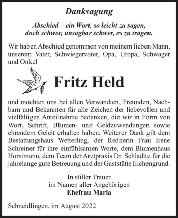 Traueranzeige von Fritz Held  von Magdeburger Volksstimme