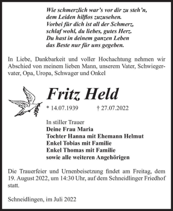 Traueranzeige von Fritz Held  von Magdeburger Volksstimme