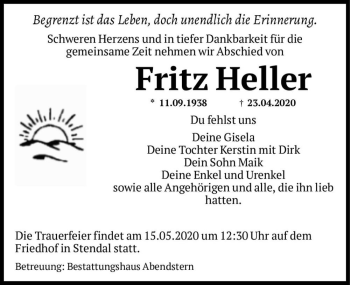 Traueranzeige von Fritz Heller  von Magdeburger Volksstimme
