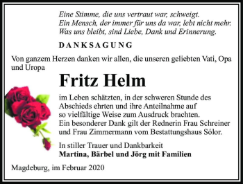Traueranzeige von Fritz Helm  von Magdeburger Volksstimme