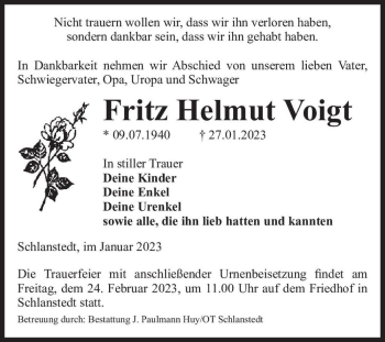 Traueranzeige von Fritz Helmut Voigt  von Magdeburger Volksstimme