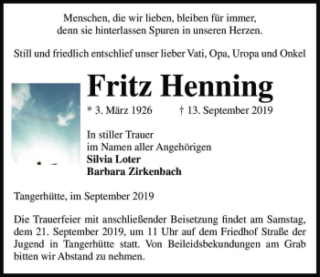Traueranzeige von Fritz Henning  von Magdeburger Volksstimme