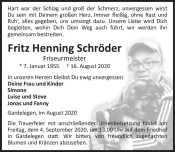 Traueranzeige von Fritz Henning Schröder  von Magdeburger Volksstimme