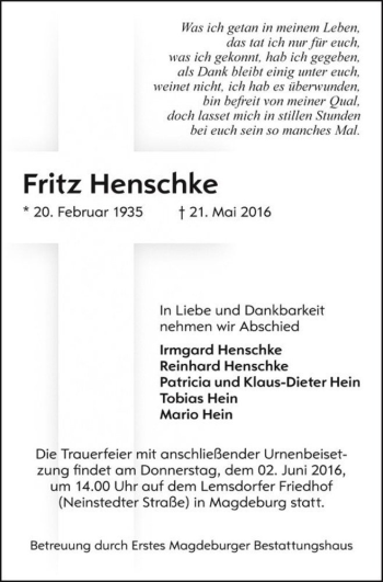 Traueranzeige von Fritz Henschke  von Magdeburger Volksstimme