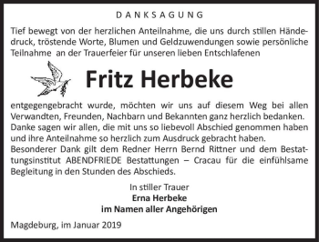 Traueranzeige von Fritz Herbeke  von Magdeburger Volksstimme