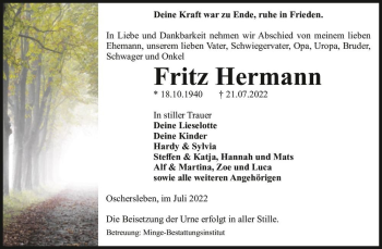 Traueranzeige von Fritz Hermann  von Magdeburger Volksstimme