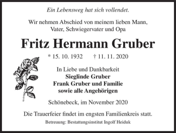 Traueranzeige von Fritz Hermann Gruber  von Magdeburger Volksstimme
