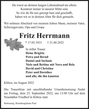 Traueranzeige von Fritz Herrmann  von Magdeburger Volksstimme