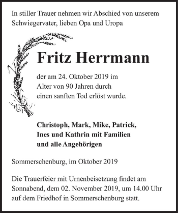 Traueranzeige von Fritz Herrmann  von Magdeburger Volksstimme