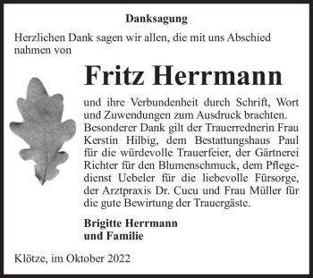 Traueranzeige von Fritz Herrmann  von Magdeburger Volksstimme