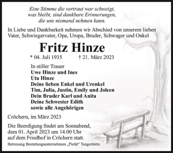 Traueranzeige von Fritz Hinze  von Magdeburger Volksstimme