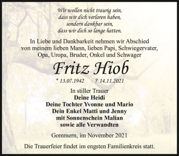 Traueranzeige von Fritz Hiob  von Magdeburger Volksstimme