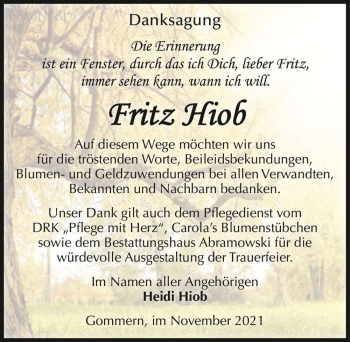 Traueranzeige von Fritz Hiob  von Magdeburger Volksstimme