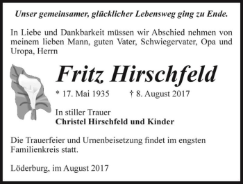 Traueranzeige von Fritz Hirschfeld  von Magdeburger Volksstimme