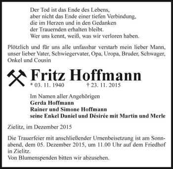 Traueranzeige von Fritz Hoffmann  von Magdeburger Volksstimme