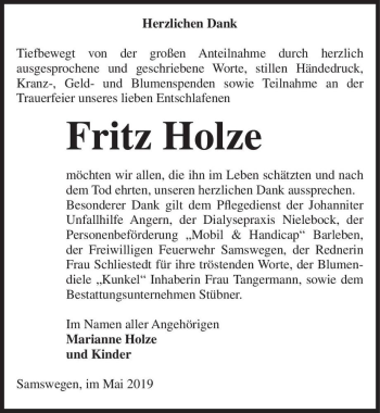 Traueranzeige von Fritz Holze  von Magdeburger Volksstimme