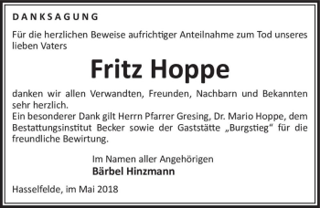 Traueranzeige von Fritz Hoppe  von Magdeburger Volksstimme