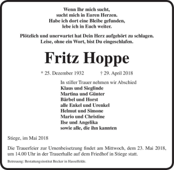 Traueranzeige von Fritz Hoppe  von Magdeburger Volksstimme