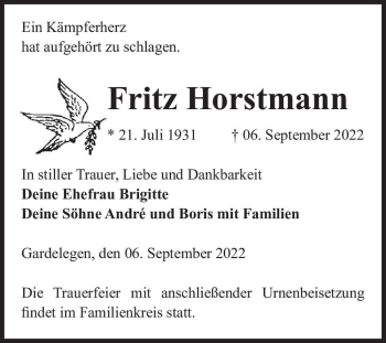 Traueranzeige von Fritz Horstmann  von Magdeburger Volksstimme