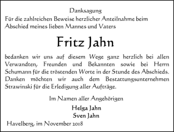 Traueranzeige von Fritz Jahn  von Magdeburger Volksstimme