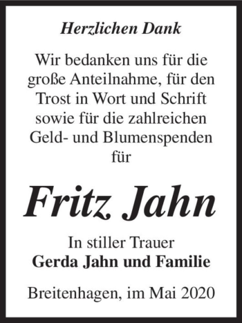 Traueranzeige von Fritz Jahn  von Magdeburger Volksstimme