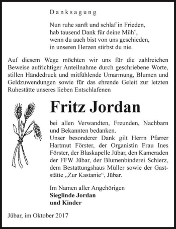 Traueranzeige von Fritz Jordan  von Magdeburger Volksstimme